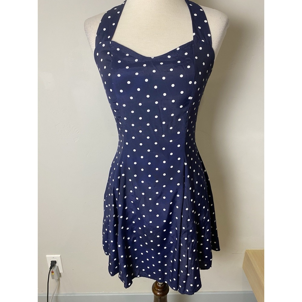 VTG 90's Mu Michelle Navy With White Polka Dots Party Summer Mini Dress 5/6